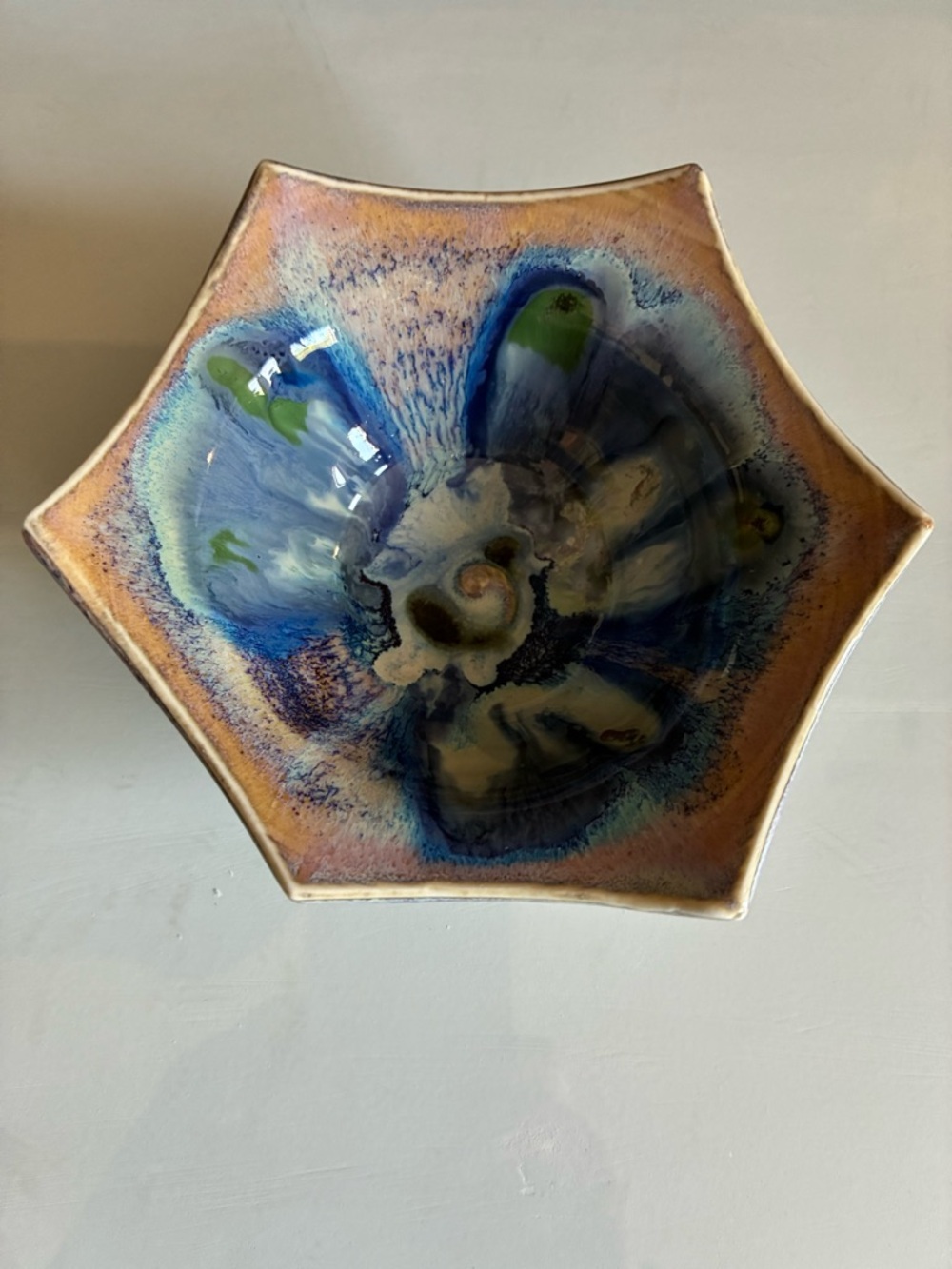 Phil Mayhew Vintage Signed MCM Hexagonal Drip Glaze Ceramic Pottery Dish Bowl - Picture 4 of 6